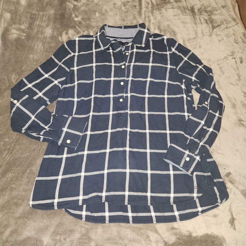 Tommy Hilfiger Shirt Womens Size Large Blue Plaid Button Up Long Sleeve